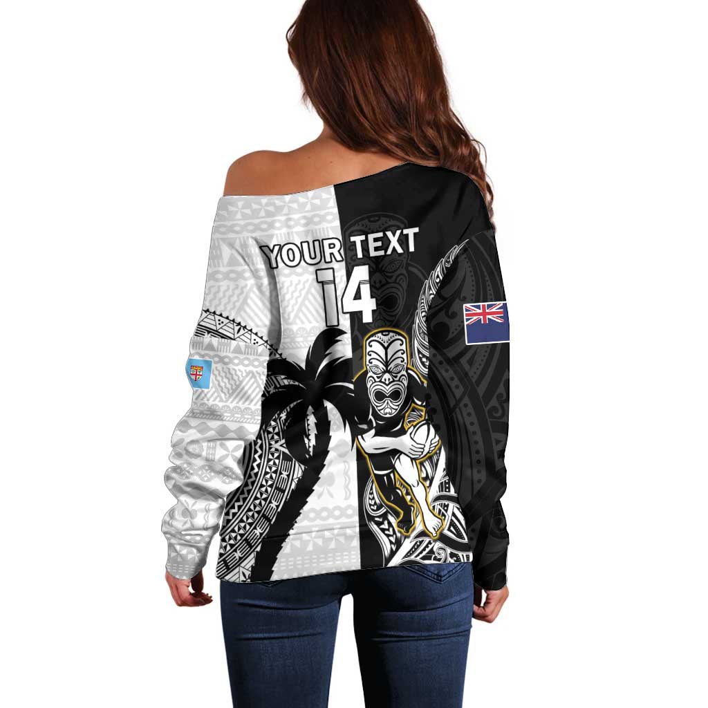 Custom Fiji And New Zealand Rugby Off Shoulder Sweater Aotearoa Silver Fern Mix Fijian Tapa Pattern