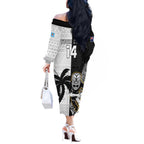 Custom Fiji And New Zealand Rugby Off The Shoulder Long Sleeve Dress Aotearoa Silver Fern Mix Fijian Tapa Pattern