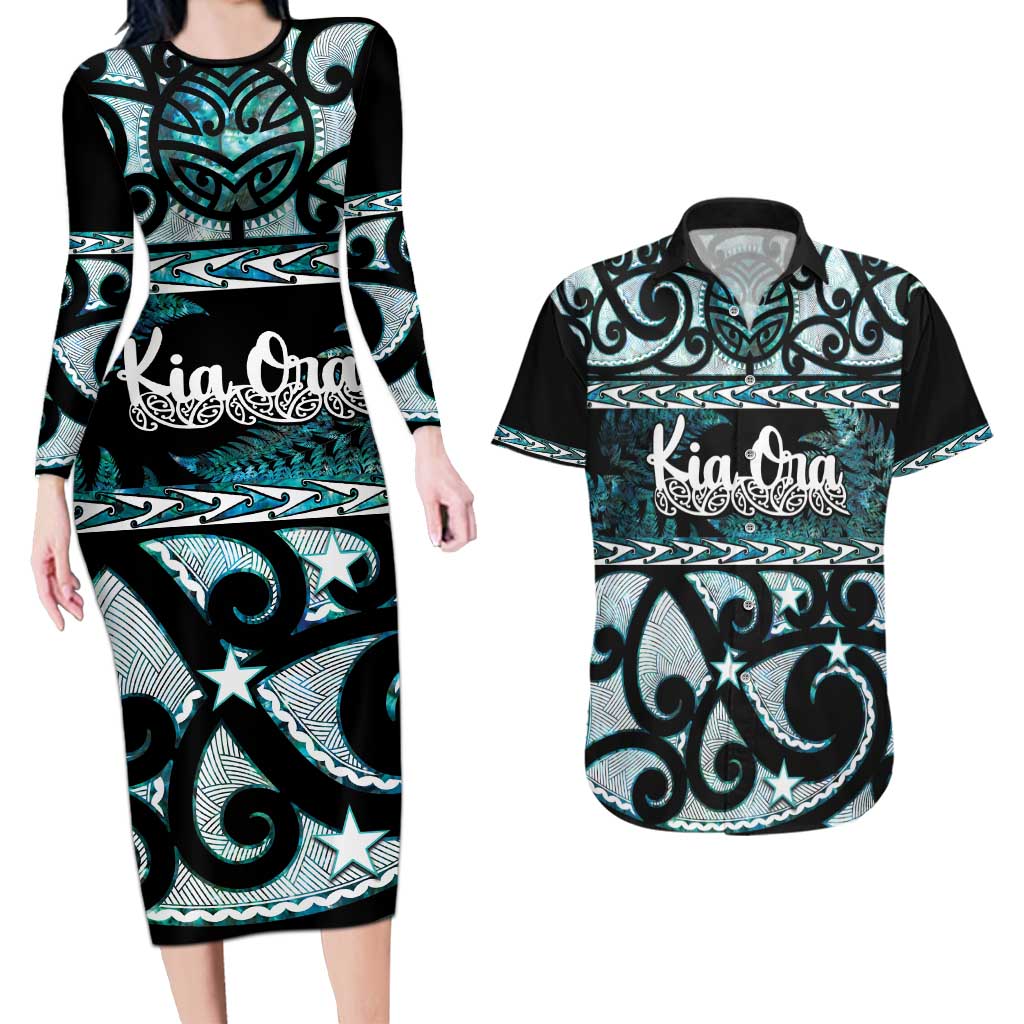 Kia Ora New Zealand Couples Matching Long Sleeve Bodycon Dress and Hawaiian Shirt Aotearoa Proud Maori Paua Shell Silver Fern - Aussie Hoodie