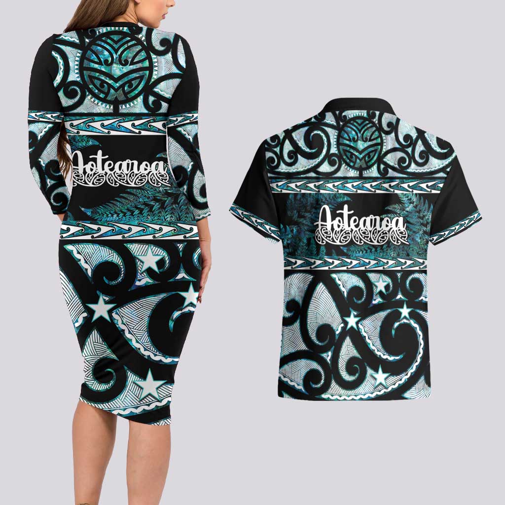 Kia Ora New Zealand Couples Matching Long Sleeve Bodycon Dress and Hawaiian Shirt Aotearoa Proud Maori Paua Shell Silver Fern - Aussie Hoodie