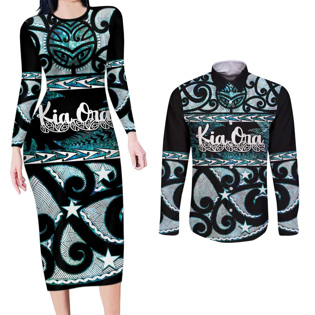 Kia Ora New Zealand Couples Matching Long Sleeve Bodycon Dress and Long Sleeve Button Shirt Aotearoa Proud Maori Paua Shell Silver Fern - Aussie Hoodie