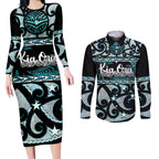 Kia Ora New Zealand Couples Matching Long Sleeve Bodycon Dress and Long Sleeve Button Shirt Aotearoa Proud Maori Paua Shell Silver Fern - Aussie Hoodie
