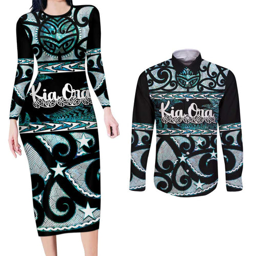 Kia Ora New Zealand Couples Matching Long Sleeve Bodycon Dress and Long Sleeve Button Shirt Aotearoa Proud Maori Paua Shell Silver Fern - Aussie Hoodie