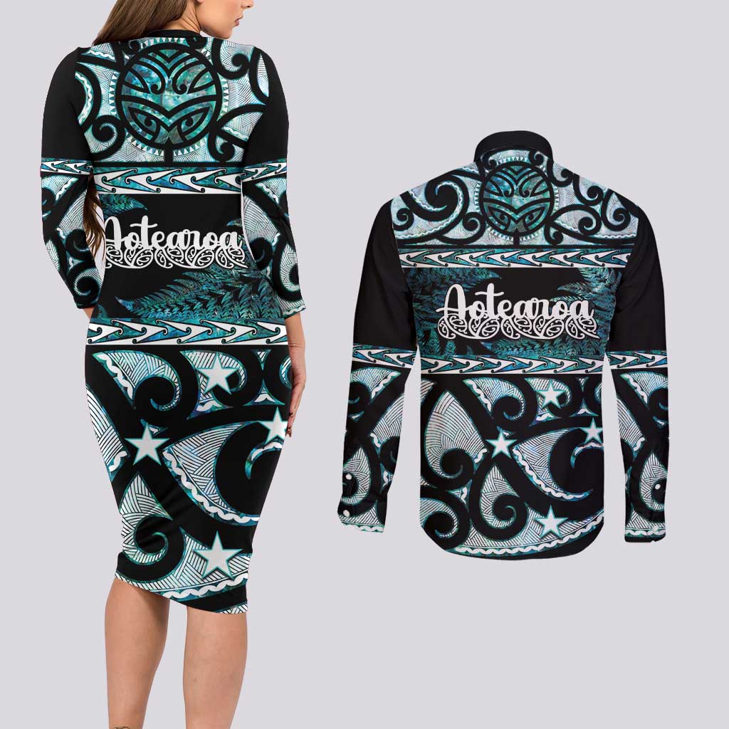 Kia Ora New Zealand Couples Matching Long Sleeve Bodycon Dress and Long Sleeve Button Shirt Aotearoa Proud Maori Paua Shell Silver Fern - Aussie Hoodie