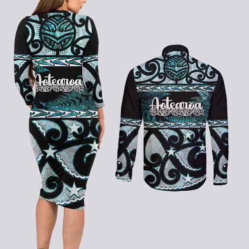 Kia Ora New Zealand Couples Matching Long Sleeve Bodycon Dress and Long Sleeve Button Shirt Aotearoa Proud Maori Paua Shell Silver Fern - Aussie Hoodie