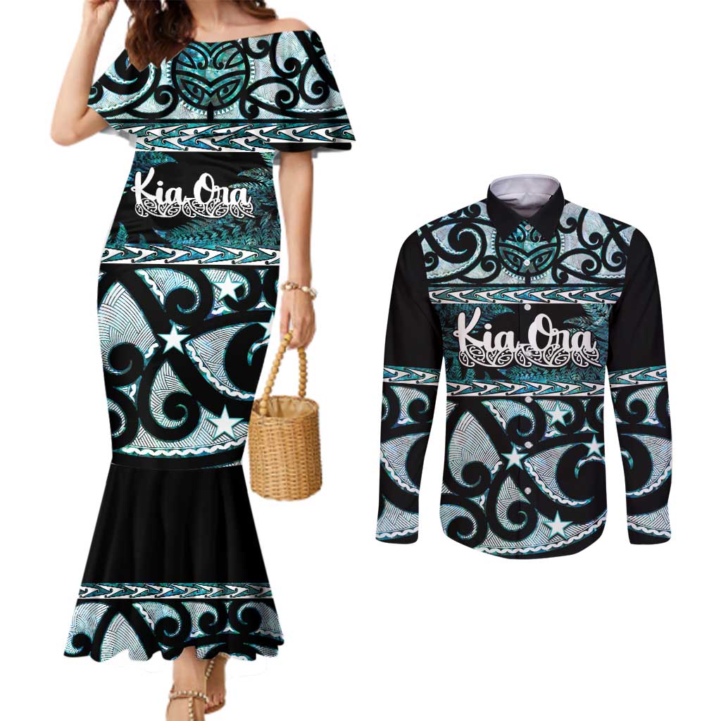 Kia Ora New Zealand Couples Matching Mermaid Dress and Long Sleeve Button Shirt Aotearoa Proud Maori Paua Shell Silver Fern - Aussie Hoodie