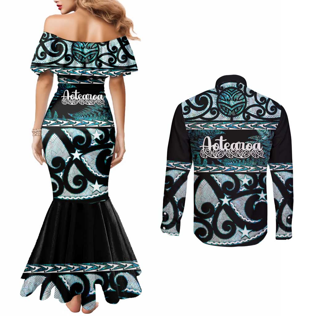 Kia Ora New Zealand Couples Matching Mermaid Dress and Long Sleeve Button Shirt Aotearoa Proud Maori Paua Shell Silver Fern - Aussie Hoodie
