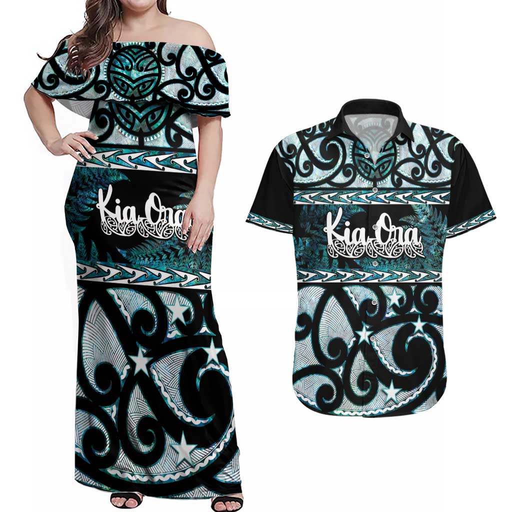 Kia Ora New Zealand Couples Matching Off Shoulder Maxi Dress and Hawaiian Shirt Aotearoa Proud Maori Paua Shell Silver Fern - Aussie Hoodie