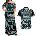 Kia Ora New Zealand Couples Matching Off Shoulder Maxi Dress and Hawaiian Shirt Aotearoa Proud Maori Paua Shell Silver Fern - Aussie Hoodie