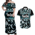 Kia Ora New Zealand Couples Matching Off Shoulder Maxi Dress and Hawaiian Shirt Aotearoa Proud Maori Paua Shell Silver Fern - Aussie Hoodie
