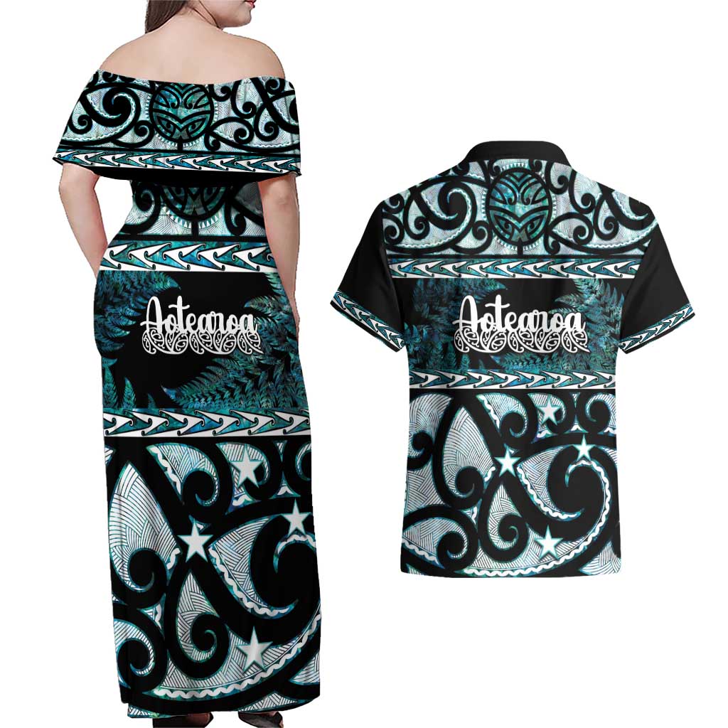 Kia Ora New Zealand Couples Matching Off Shoulder Maxi Dress and Hawaiian Shirt Aotearoa Proud Maori Paua Shell Silver Fern - Aussie Hoodie