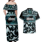 Kia Ora New Zealand Couples Matching Off Shoulder Maxi Dress and Hawaiian Shirt Aotearoa Proud Maori Paua Shell Silver Fern - Aussie Hoodie