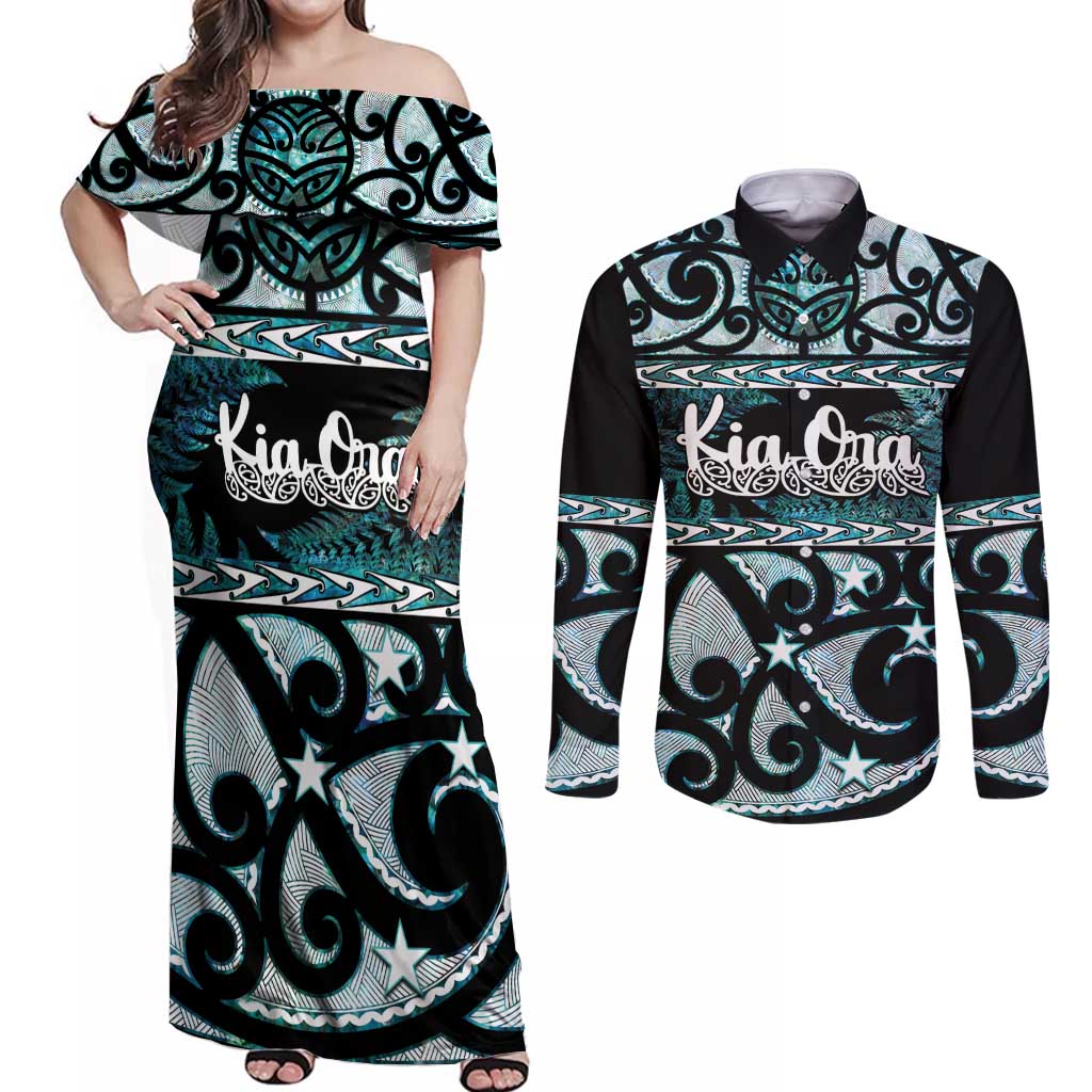 Kia Ora New Zealand Couples Matching Off Shoulder Maxi Dress and Long Sleeve Button Shirt Aotearoa Proud Maori Paua Shell Silver Fern - Aussie Hoodie