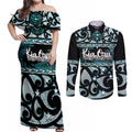 Kia Ora New Zealand Couples Matching Off Shoulder Maxi Dress and Long Sleeve Button Shirt Aotearoa Proud Maori Paua Shell Silver Fern - Aussie Hoodie