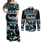 Kia Ora New Zealand Couples Matching Off Shoulder Maxi Dress and Long Sleeve Button Shirt Aotearoa Proud Maori Paua Shell Silver Fern - Aussie Hoodie