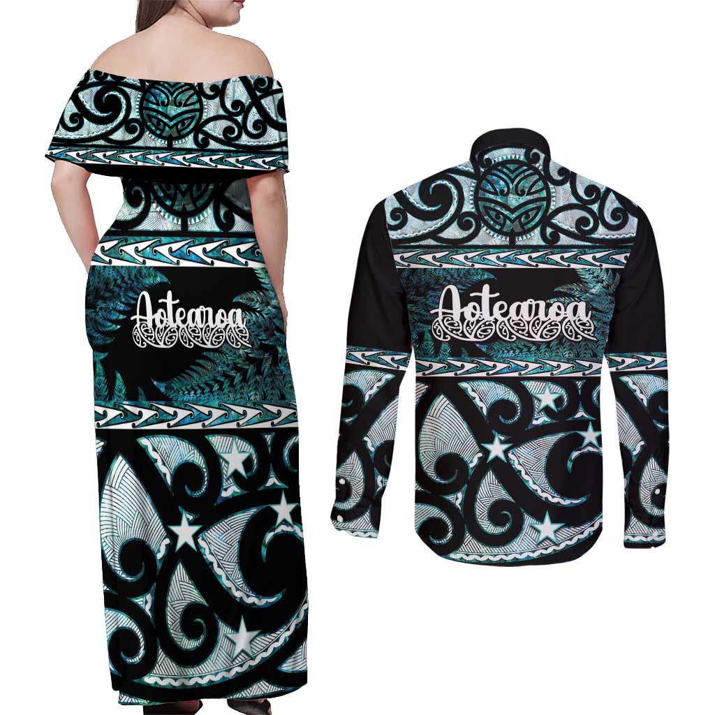 Kia Ora New Zealand Couples Matching Off Shoulder Maxi Dress and Long Sleeve Button Shirt Aotearoa Proud Maori Paua Shell Silver Fern - Aussie Hoodie