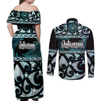 Kia Ora New Zealand Couples Matching Off Shoulder Maxi Dress and Long Sleeve Button Shirt Aotearoa Proud Maori Paua Shell Silver Fern - Aussie Hoodie
