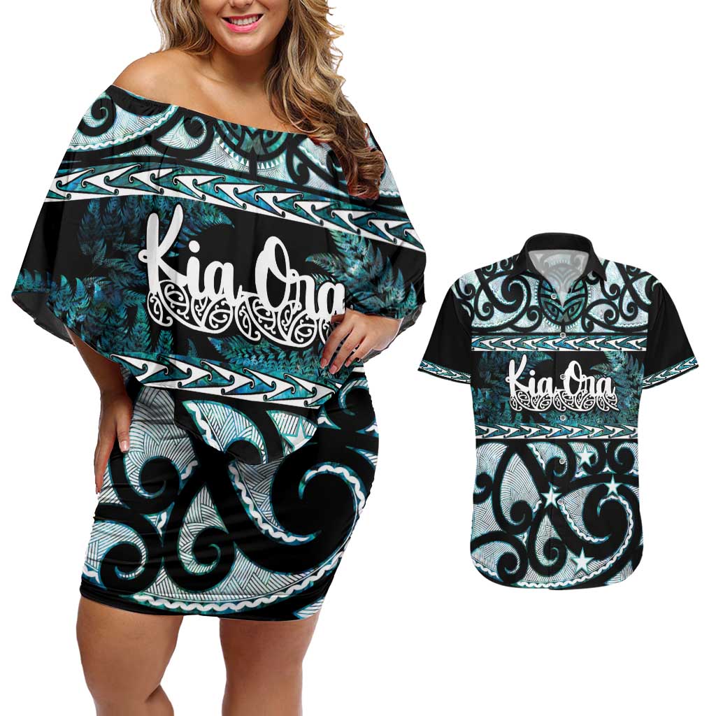 Kia Ora New Zealand Couples Matching Off Shoulder Short Dress and Hawaiian Shirt Aotearoa Proud Maori Paua Shell Silver Fern - Aussie Hoodie