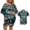 Kia Ora New Zealand Couples Matching Off Shoulder Short Dress and Hawaiian Shirt Aotearoa Proud Maori Paua Shell Silver Fern - Aussie Hoodie