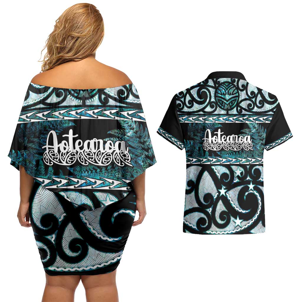 Kia Ora New Zealand Couples Matching Off Shoulder Short Dress and Hawaiian Shirt Aotearoa Proud Maori Paua Shell Silver Fern - Aussie Hoodie