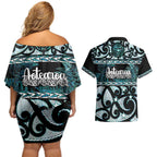 Kia Ora New Zealand Couples Matching Off Shoulder Short Dress and Hawaiian Shirt Aotearoa Proud Maori Paua Shell Silver Fern - Aussie Hoodie