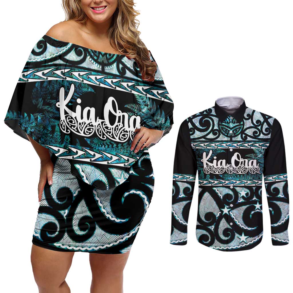 Kia Ora New Zealand Couples Matching Off Shoulder Short Dress and Long Sleeve Button Shirt Aotearoa Proud Maori Paua Shell Silver Fern - Aussie Hoodie