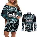 Kia Ora New Zealand Couples Matching Off Shoulder Short Dress and Long Sleeve Button Shirt Aotearoa Proud Maori Paua Shell Silver Fern - Aussie Hoodie