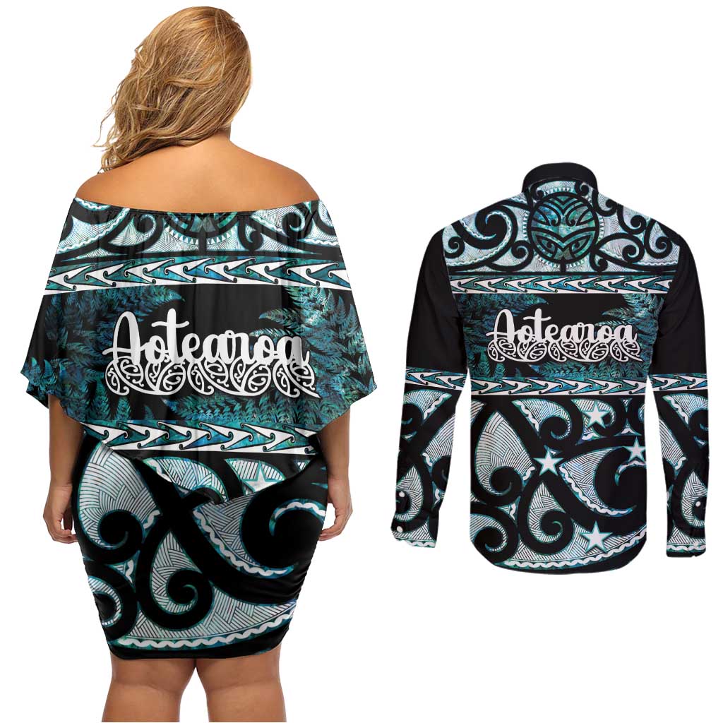 Kia Ora New Zealand Couples Matching Off Shoulder Short Dress and Long Sleeve Button Shirt Aotearoa Proud Maori Paua Shell Silver Fern - Aussie Hoodie