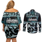 Kia Ora New Zealand Couples Matching Off Shoulder Short Dress and Long Sleeve Button Shirt Aotearoa Proud Maori Paua Shell Silver Fern - Aussie Hoodie