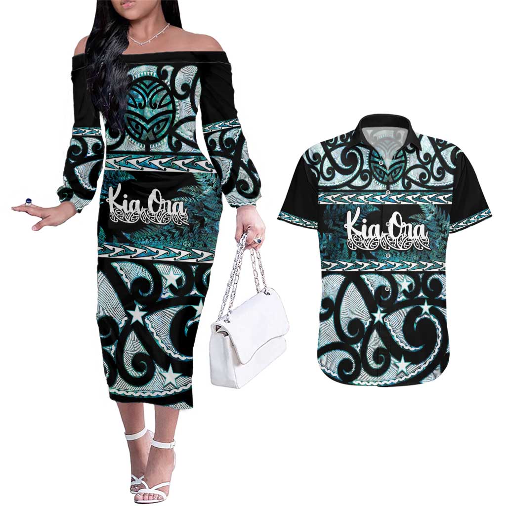 Kia Ora New Zealand Couples Matching Off The Shoulder Long Sleeve Dress and Hawaiian Shirt Aotearoa Proud Maori Paua Shell Silver Fern - Aussie Hoodie