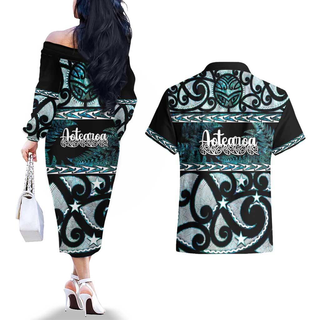 Kia Ora New Zealand Couples Matching Off The Shoulder Long Sleeve Dress and Hawaiian Shirt Aotearoa Proud Maori Paua Shell Silver Fern - Aussie Hoodie