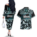 Kia Ora New Zealand Couples Matching Off The Shoulder Long Sleeve Dress and Hawaiian Shirt Aotearoa Proud Maori Paua Shell Silver Fern - Aussie Hoodie