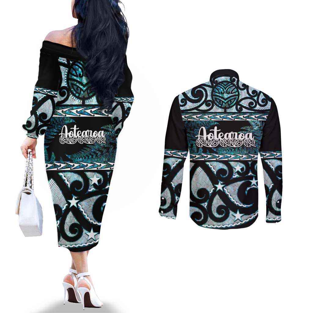 Kia Ora New Zealand Couples Matching Off The Shoulder Long Sleeve Dress and Long Sleeve Button Shirt Aotearoa Proud Maori Paua Shell Silver Fern - Aussie Hoodie
