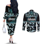 Kia Ora New Zealand Couples Matching Off The Shoulder Long Sleeve Dress and Long Sleeve Button Shirt Aotearoa Proud Maori Paua Shell Silver Fern - Aussie Hoodie