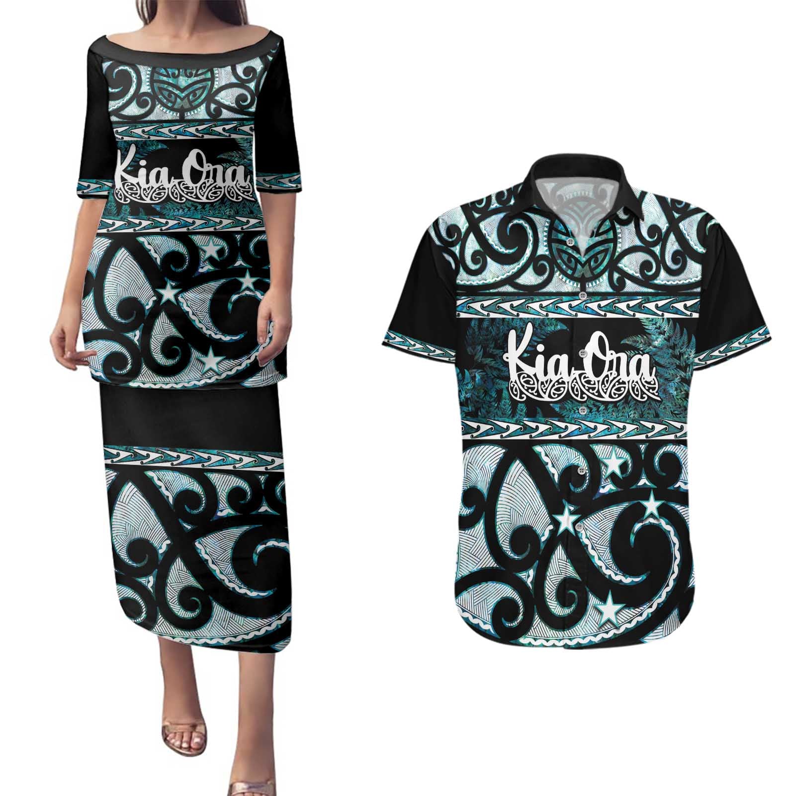 Kia Ora New Zealand Couples Matching Puletasi and Hawaiian Shirt Aotearoa Proud Maori Paua Shell Silver Fern - Aussie Hoodie