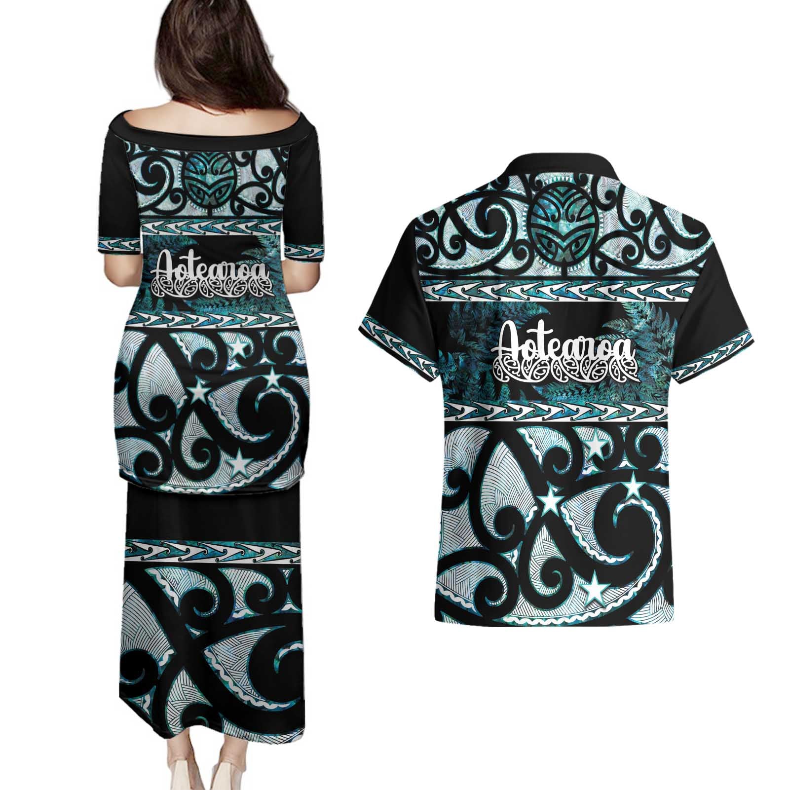 Kia Ora New Zealand Couples Matching Puletasi and Hawaiian Shirt Aotearoa Proud Maori Paua Shell Silver Fern - Aussie Hoodie