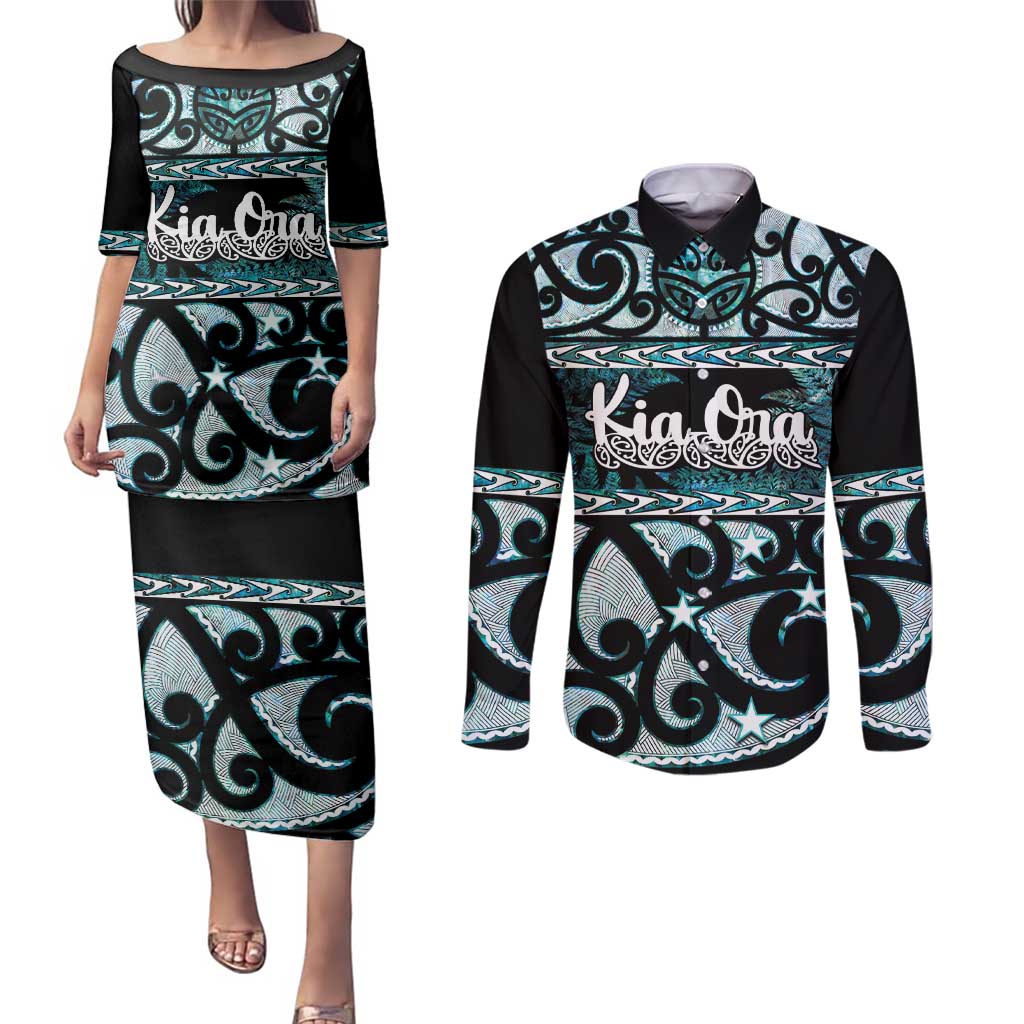 Kia Ora New Zealand Couples Matching Puletasi and Long Sleeve Button Shirt Aotearoa Proud Maori Paua Shell Silver Fern - Aussie Hoodie