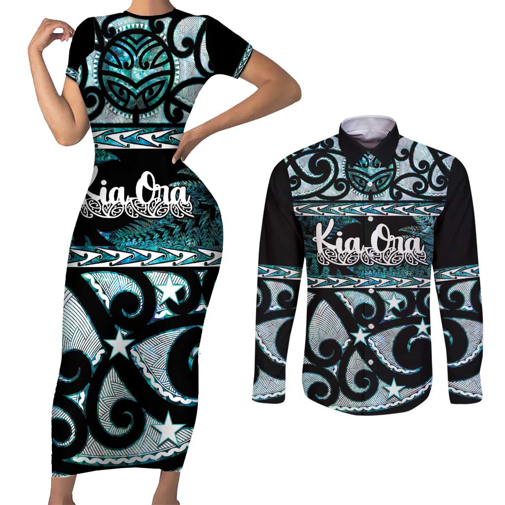 Kia Ora New Zealand Couples Matching Short Sleeve Bodycon Dress and Long Sleeve Button Shirt Aotearoa Proud Maori Paua Shell Silver Fern - Aussie Hoodie