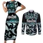 Kia Ora New Zealand Couples Matching Short Sleeve Bodycon Dress and Long Sleeve Button Shirt Aotearoa Proud Maori Paua Shell Silver Fern - Aussie Hoodie