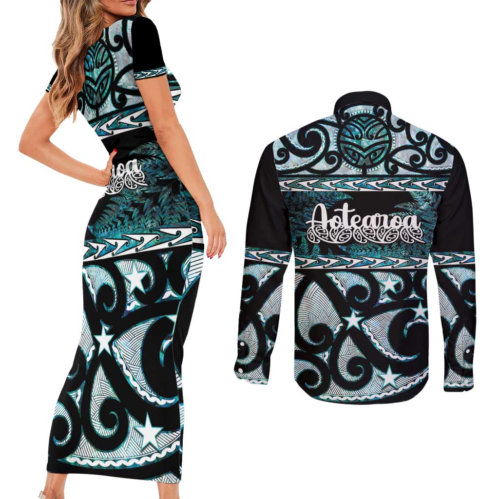 Kia Ora New Zealand Couples Matching Short Sleeve Bodycon Dress and Long Sleeve Button Shirt Aotearoa Proud Maori Paua Shell Silver Fern - Aussie Hoodie