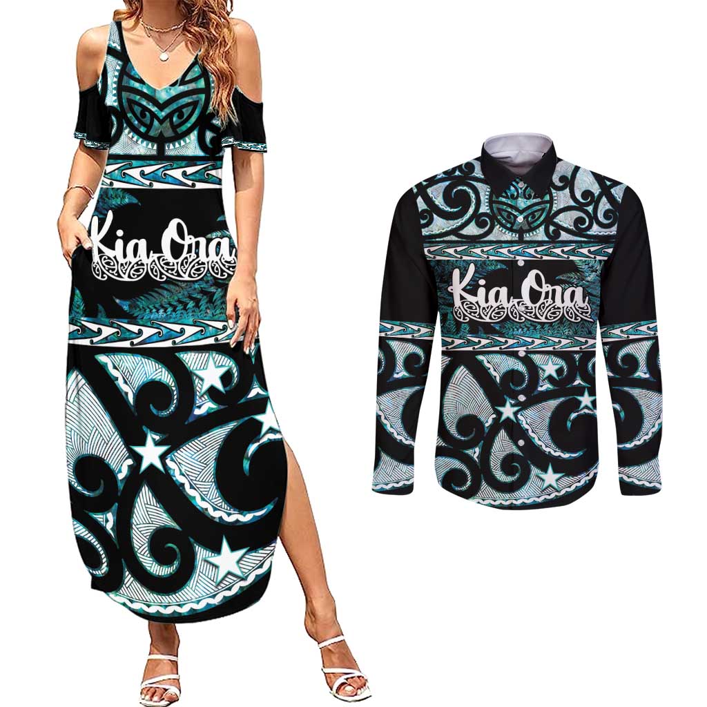 Kia Ora New Zealand Couples Matching Summer Maxi Dress and Long Sleeve Button Shirt Aotearoa Proud Maori Paua Shell Silver Fern - Aussie Hoodie