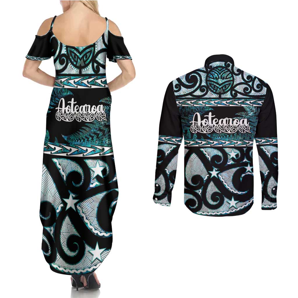 Kia Ora New Zealand Couples Matching Summer Maxi Dress and Long Sleeve Button Shirt Aotearoa Proud Maori Paua Shell Silver Fern - Aussie Hoodie