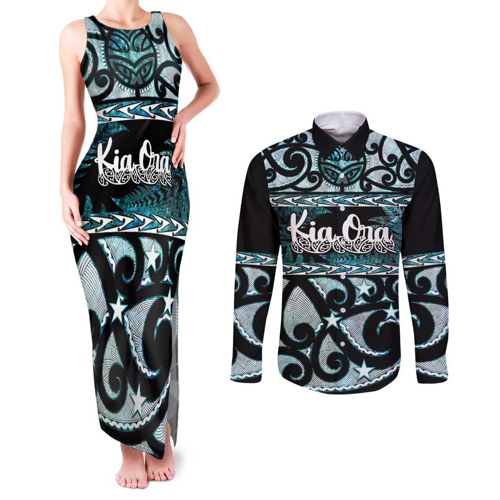 Kia Ora New Zealand Couples Matching Tank Maxi Dress and Long Sleeve Button Shirt Aotearoa Proud Maori Paua Shell Silver Fern - Aussie Hoodie