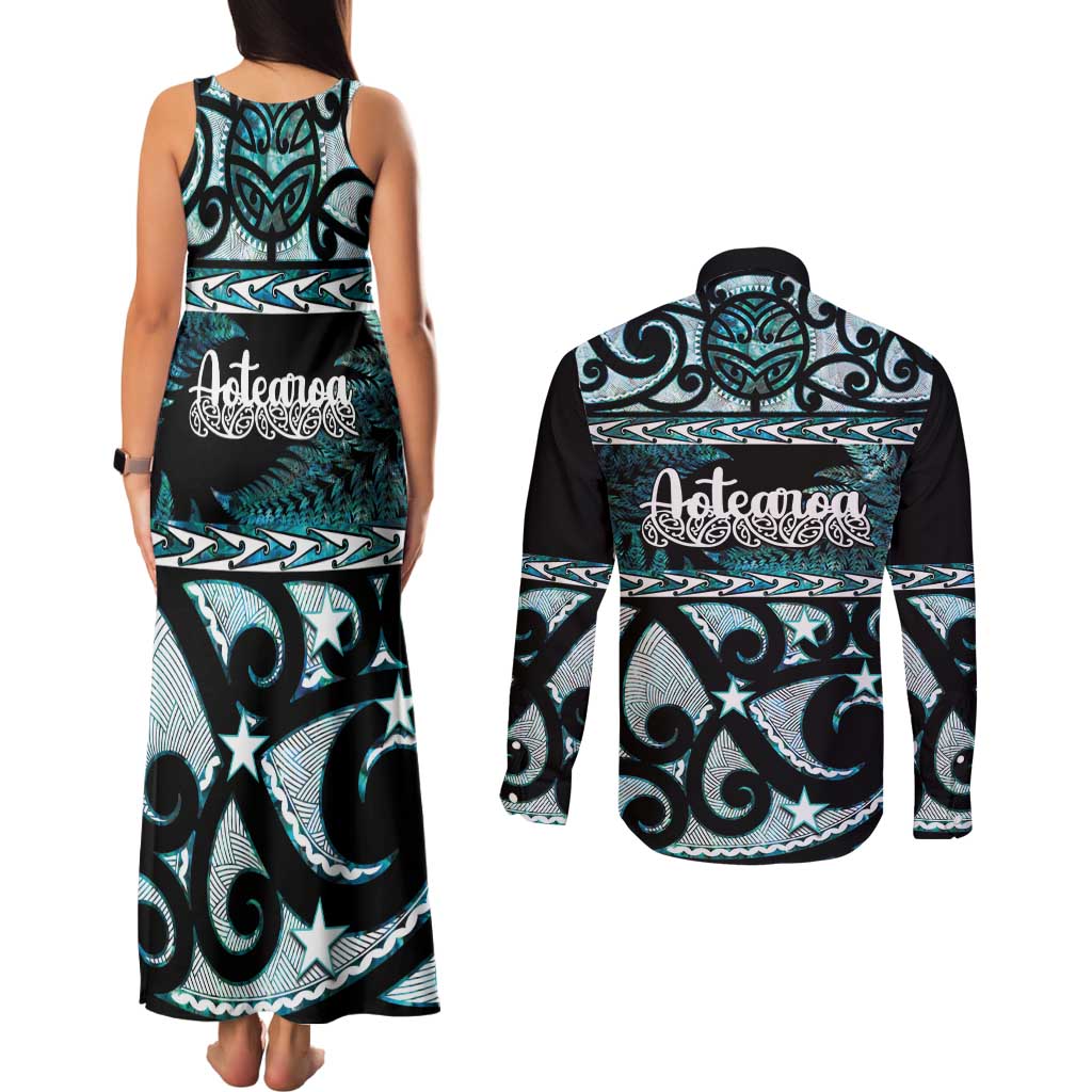 Kia Ora New Zealand Couples Matching Tank Maxi Dress and Long Sleeve Button Shirt Aotearoa Proud Maori Paua Shell Silver Fern - Aussie Hoodie