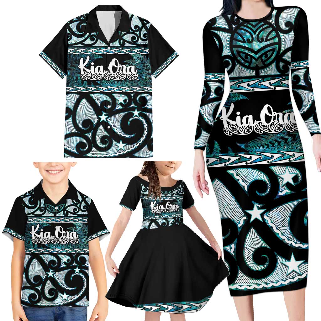 Kia Ora New Zealand Family Matching Long Sleeve Bodycon Dress and Hawaiian Shirt Aotearoa Proud Maori Paua Shell Silver Fern - Aussie Hoodie