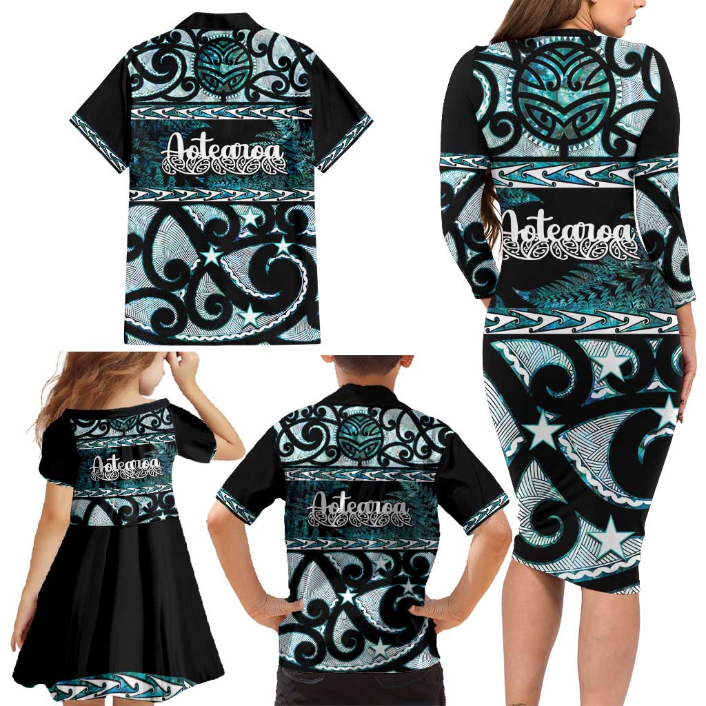 Kia Ora New Zealand Family Matching Long Sleeve Bodycon Dress and Hawaiian Shirt Aotearoa Proud Maori Paua Shell Silver Fern - Aussie Hoodie