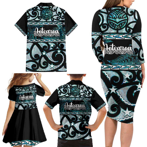 Kia Ora New Zealand Family Matching Long Sleeve Bodycon Dress and Hawaiian Shirt Aotearoa Proud Maori Paua Shell Silver Fern - Aussie Hoodie
