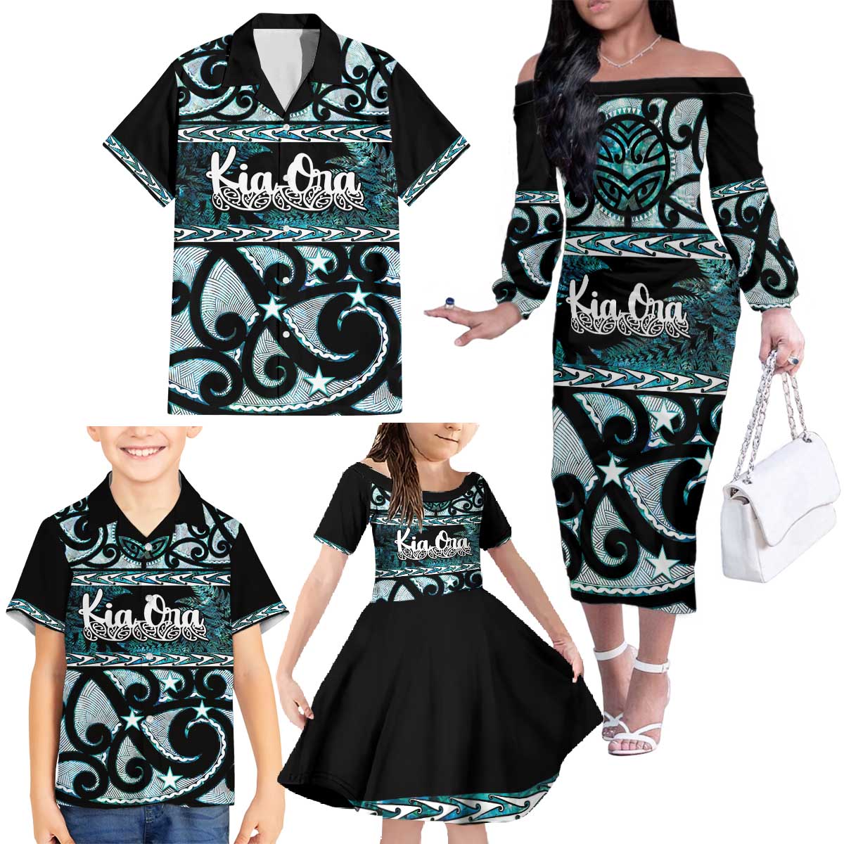 Kia Ora New Zealand Family Matching Off The Shoulder Long Sleeve Dress and Hawaiian Shirt Aotearoa Proud Maori Paua Shell Silver Fern - Aussie Hoodie