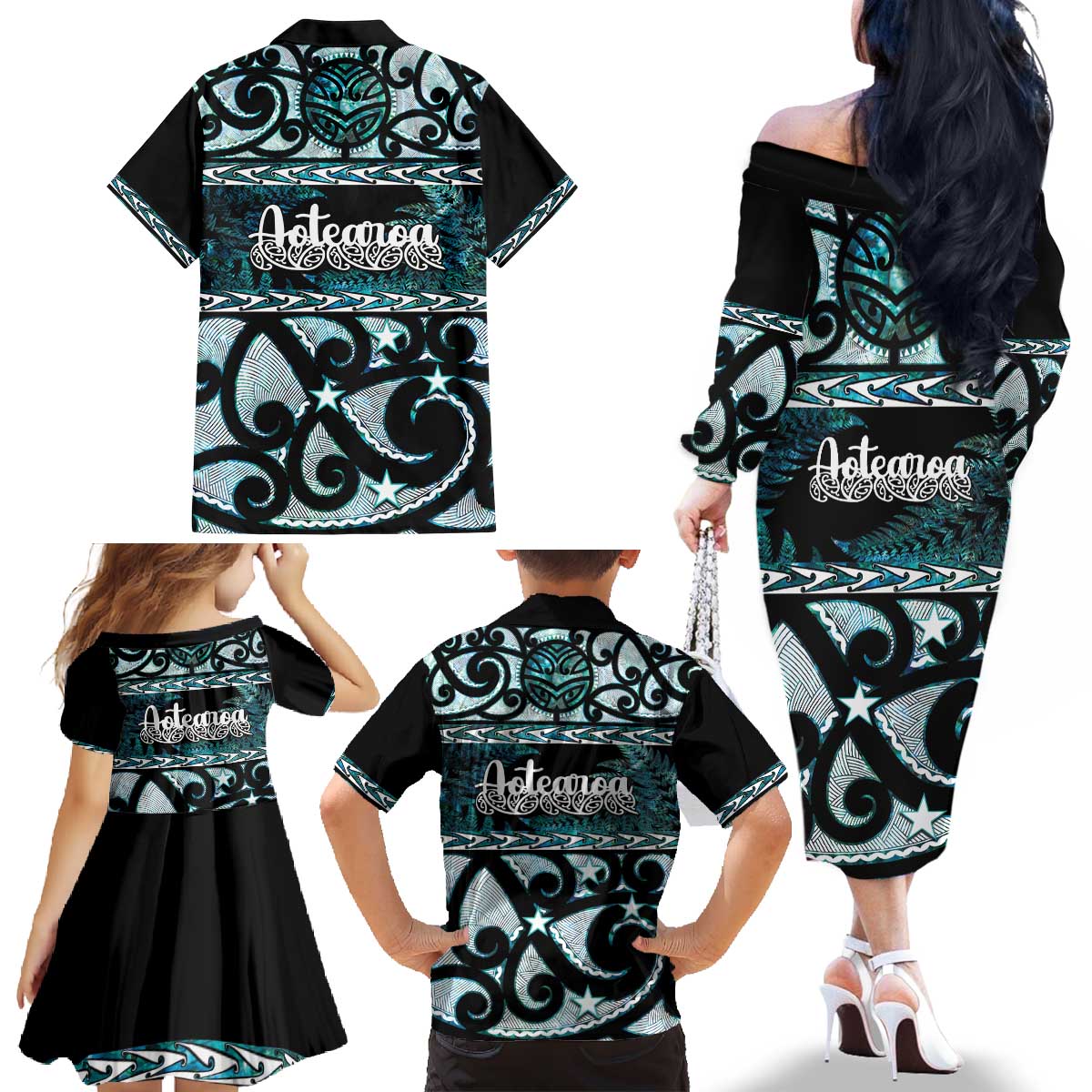 Kia Ora New Zealand Family Matching Off The Shoulder Long Sleeve Dress and Hawaiian Shirt Aotearoa Proud Maori Paua Shell Silver Fern - Aussie Hoodie