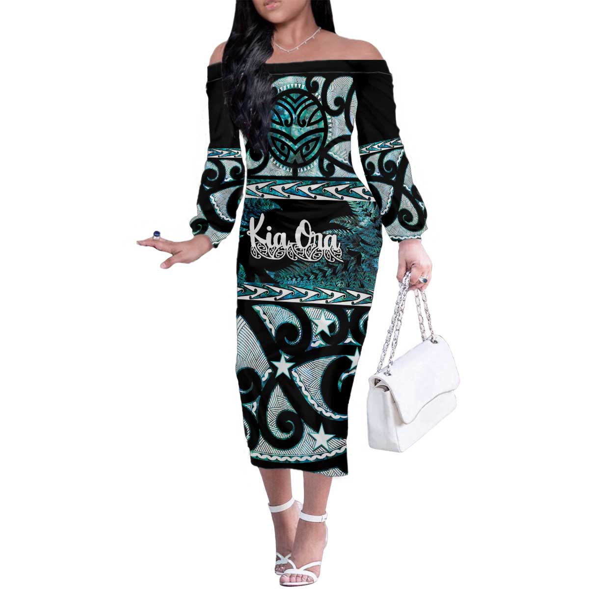 Kia Ora New Zealand Family Matching Off The Shoulder Long Sleeve Dress and Hawaiian Shirt Aotearoa Proud Maori Paua Shell Silver Fern - Aussie Hoodie